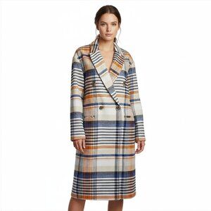 Elie Tahari Women’s Wool Coat Cloverleaf Notch Lapel Jacket Spicy Sapphire Plaid